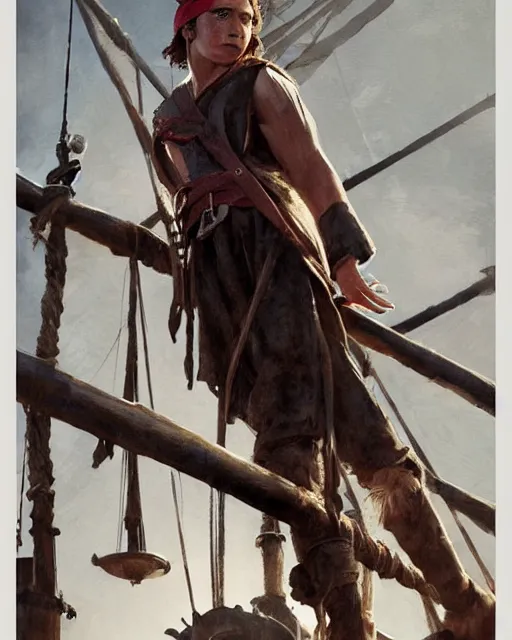 Image similar to tom holland as a pirate, standing on the mast, realistic shaded lighting poster by greg rutkowski, cinematic lighting, sharp focus, highly detailed attributes and atmosphere