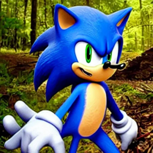 Image similar to sonic the hedgehog sitting in the woods on a camping trip