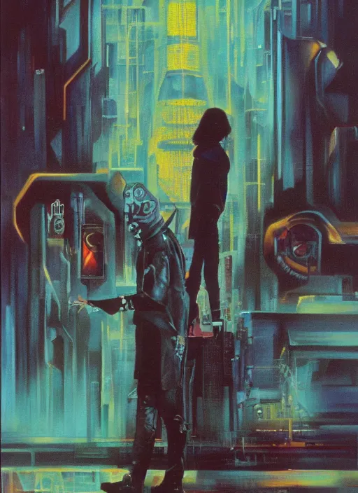 Image similar to 1 9 8 3 movie poster for neuromancer. oil on canvas by john alvin, drew strusan.