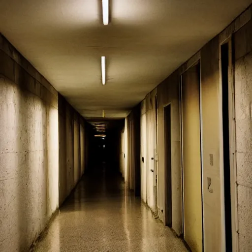 Prompt: a liminal space, very long narrow school corridor at night, lights on ceiling, ominous, dark, eerie