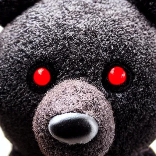 Image similar to black teddy bear with red eyes, face close up, realistic, highly detailed, studio photo, dark lighting