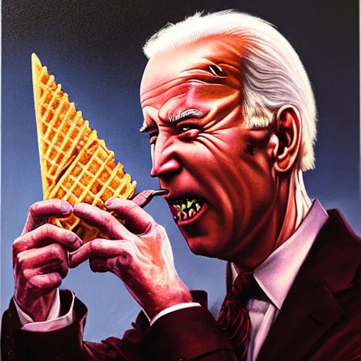 Prompt: epic Joe Biden eating a waffle cone in pandemonium, demons and souls, portrait, art by Wayne Barlowe, oil on canvas