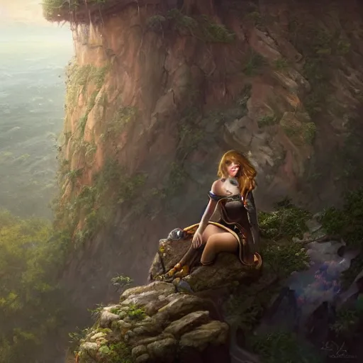 Image similar to alluring illustration taylor swift, sitting on the edge of a cliff overlooking a forested valley, clothed in a chesty fantasy outfit, headshot portrait, 8k resolution matte fantasy painting, cinematic lighting, DeviantArt, Artstation, Jason Felix Steve Argyle Tyler Jacobson Peter Mohrbacher