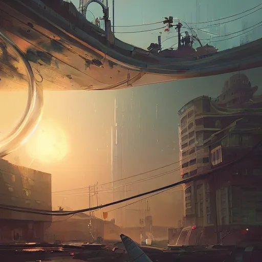 Image similar to A city trapped in a giant transparent dome, bubbles, science fiction, smooth, cinematic lighting, insanely detailed, artstation, cgsociety, painted by Simon Stalenhag, concept art, illustration, sharp focus,