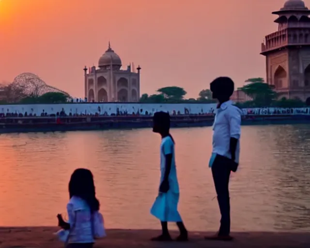 Prompt: a 4 k cinematic film shot still of taj mahal next to gateway of india and a young mumbai girl looking at them during sunset