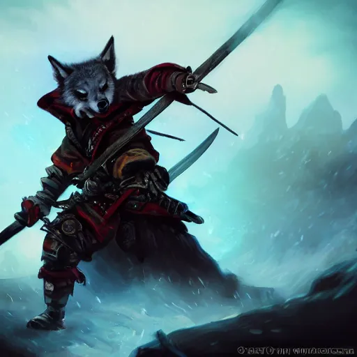 Image similar to anthropomorphic Azure samurai wolf, DnD character art portrait, fantasy battleground, raining, fire, oil painting, heroic pose, magic the gathering artwork, D&D, fantasy, cinematic lighting, centered, symmetrical, highly detailed, digital painting, artstation, concept art, smooth, sharp focus, illustration, volumetric lighting, epic Composition, 8k, art, DeviantArt, trending on Artstation, Jason Felix, Steve Argyle, Tyler Jacobson, Peter Mohrbacher, Akihiko Yoshida, Greg Rutkowski, Craig Mullins, Frank Frazetta, cinematic lighting