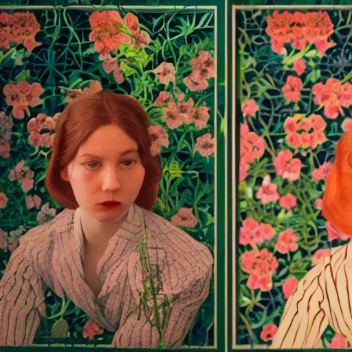 Prompt: a lot of flowers morphing in a beautiful girls face, film still by wes anderson, depicted by mackintosh, limited color palette, very intricate, art nouveau, highly detailed, lights by hopper, soft pastel colors, minimalist