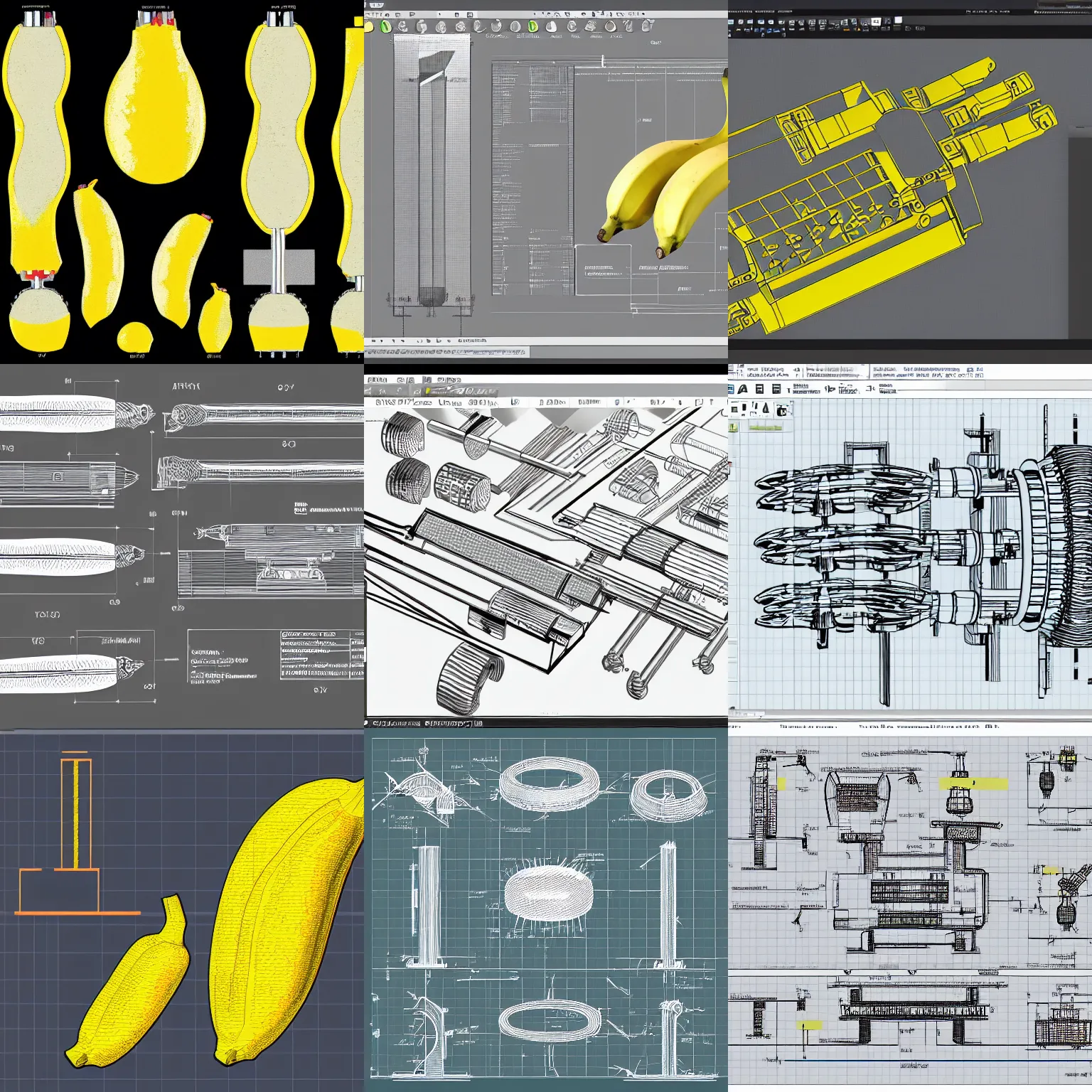 Prompt: technical diagram of a banana, exploded view, autodesk autocad, schematic