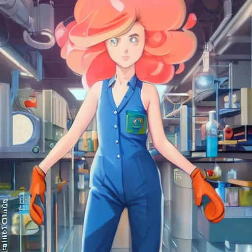 Prompt: British Pokemon original character with peach colored hair and heterochromia, Pixar style, beautiful woman, scientist, standing in a lab in front of a giant containment liquid filled tank, by Tristan Eaton Stanley Artgerm and Tom Bagshaw, Makoto Shinkai ilya kuvshinov and Wojtek Fus