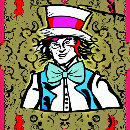 Image similar to mad - hatter - the - lunatic - madman as an nft - comic - art made by pop wonder, svg comic style, vector - artwork made in adobe - illustrator