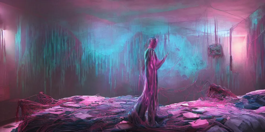 Image similar to rgb, glowing, depression!!!!!, maximalist bedroom, woman, cinematic, movie scene, inspired by zdzislaw beksinski, clothes made out of veins,, cables everywhere, bedroom, ultra realistic, concept art, intricate details, highly detailed, photorealistic, octane render, 8 k