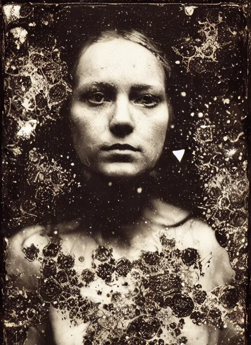 Image similar to old wetplate daguerreotype portrait wretched war by damian hirst, explosion of data fragments, fractal, intricate, elegant, highly detailed, parallax, leica, medium format, subsurface scattering, by marie harnett