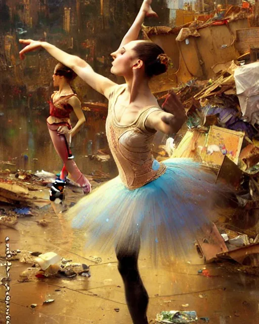 Image similar to a ballerina dancing at a rubbish dump. highly detailed painting by gaston bussiere, craig mullins, j. c. leyendecker 8 k