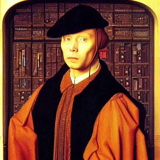 Image similar to a portrait of a person jacked into their cyberdeck by Jan van Eyck