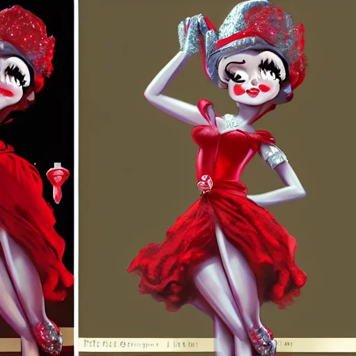 Image similar to vivien leigh as betty boop, red dress fully clothed, hyper detailed, digital art, trending in artstation, cinematic lighting, studio quality, smooth render, unreal engine 5 rendered, octane rendered, art style by klimt and nixeu and ian sprigger and wlop and krenz cushart