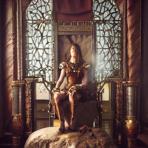 Image similar to the elder scrolls vi, charismatic regal brunette female jarl, portrait, rustic throne room, atmospheric lighting, painted, intricate, volumetric lighting, beautiful, daytime,, slight overcast weather, 4 0 0 0 k, sharp focus, deep colours, ultra detailed, by leesha hannigan, ross tran, thierry doizon, kai carpenter, ignacio fernandez rios