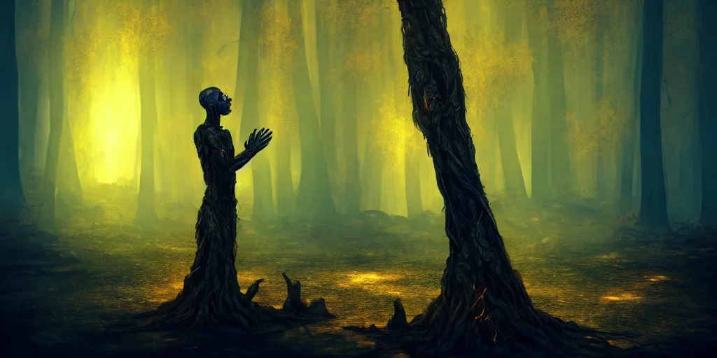 Image similar to a humanoid nightmare prays to a golden tree in a forest of ashes. fantasy art, horror, photo realistic, dynamic lighting, artstation, poster, volumetric lighting, very detailed faces, 4 k, award winning