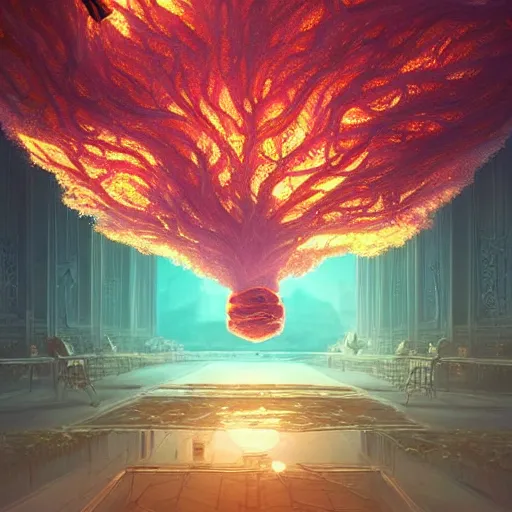 Prompt: A floating brain in a beautiful library intricate, elegant, fantasy, highly detailed, digital painting, concept art, sharp focus, illustration, beautiful volumetric lighting, epic light, artstation, magic hour lighting, colorful, sunshine, springtime, art by Sylvain Sarrailh