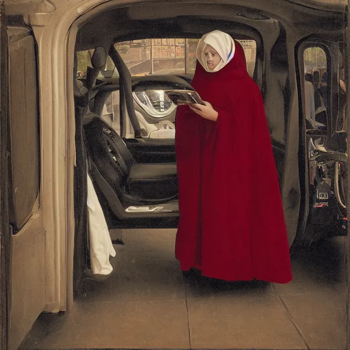 Prompt: a woman in a hooded cloak, in a tesla, color photograph, by jan van eyck, canon eos c 3 0 0, ƒ 1. 8, 3 5 mm, 8 k, medium - format print