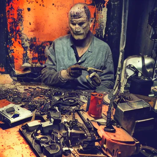 Image similar to half rusted old egg beater half stun - gun, balding older cyborg repairing, red hot soldering iron, dark messy smoke - filled cluttered workshop, dark, dramatic lighting, orange tint, cinematic, highly detailed, sci - fi, futuristic, movie still from blade runner