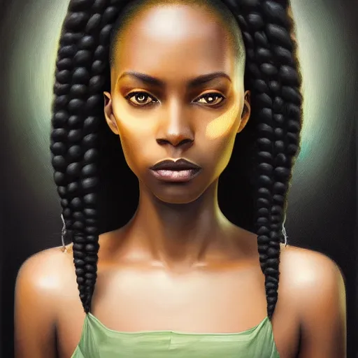 Image similar to a detailed matte oil on canvas head on symmetrical portrait of black skinned woman with long white and ( ( ( pale greenish ) ) ) hair, clothed by charlie bowater, lise deharme, wlop, trending on artstationhd, dungeons and dragons art critical role