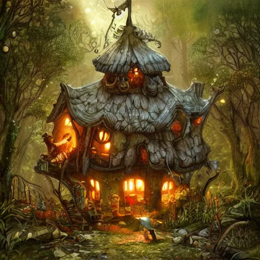 Image similar to a storybook illustration of a ramshackle multistory fairytale hut in the forest, intricate, elegant, on chicken legs, in forest, fantasy, highly detailed, digital painting, concept art, sharp focus, trending on artstation