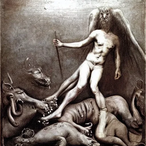 Image similar to king of the beasts 666, by Odd Nerdrum, by Francisco Goya, by M.C. Escher, fairy-tale illustration style, very detailed, colorful, beautiful, eerie, surreal, psychedelic