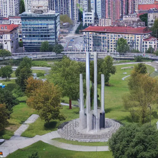 Image similar to aerial view of brutalist monument ( ( ( ( park ) ) ) ) spomenik, ( ( ( railings ) ) ), photo, 4 k