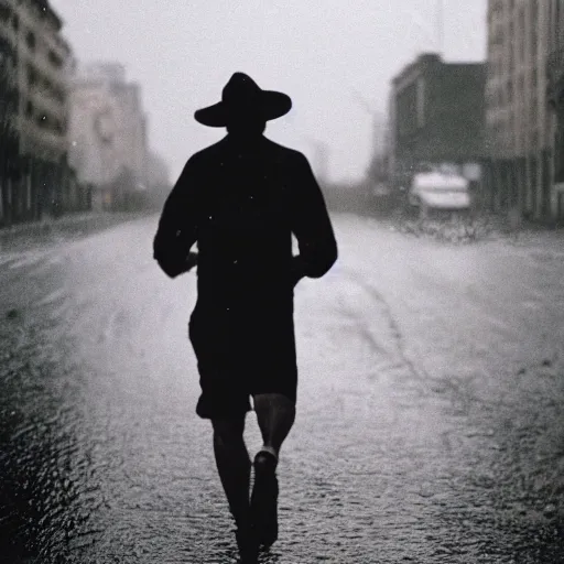 Prompt: a photograph of a man running down the street wearing a hat on a rainy day on expired kodak film, 3 5 mm, award - winning photograph, striking lighting, perfect composition