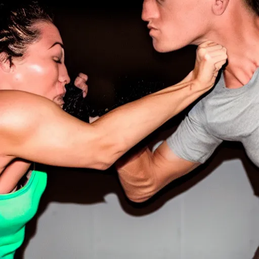 Prompt: close-up photo of a woman punching a man