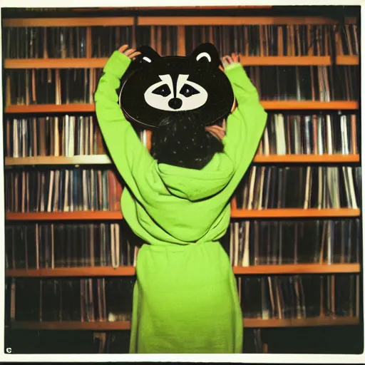 Prompt: medium shot, photo of a girl in a detailed hyperrealistic raccoon mask, wearing a green hoodie, holding a pile of vinyl records, 8 0 - s, polaroid photo, by warhol,