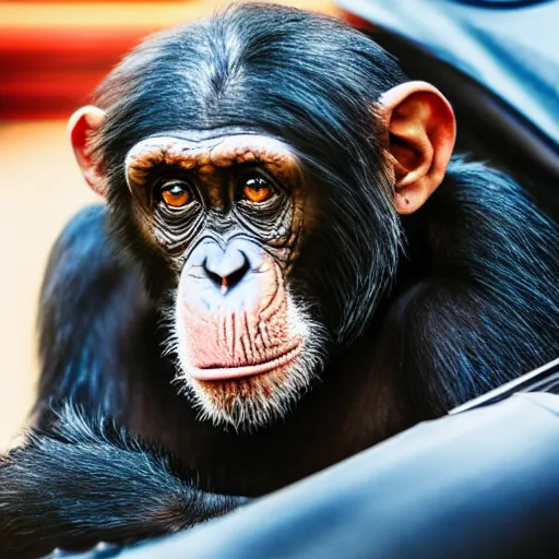Prompt: a chimpanzee in a racing suit sitting in a porsche cabrio, photography, commercial photo