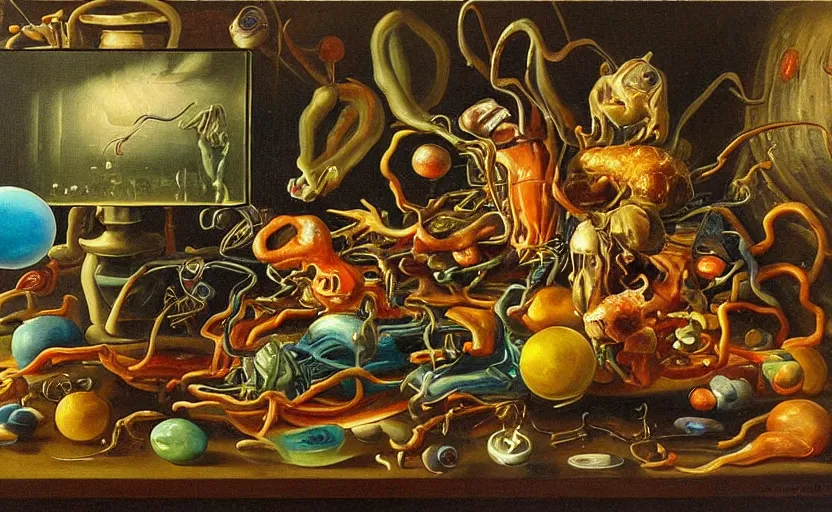 Image similar to strange painting by christian rex van minnen, enticing colorful oil painting dutch golden age vanitas eyes everwhere still life sparse composition with bulbous objects strange transparent surfaces shiny metal reflections bizarre mutant meat insects rachel ruysch dali todd schorr very detailed perfect composition rule of thirds masterpiece canon 5 0 mm, cinematic lighting, photography, retro, film, kodachrome