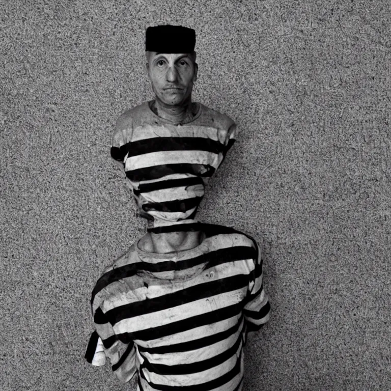 Image similar to bottle headed man wearing striped prison clothing, jail mugshot