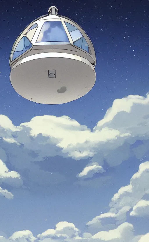 Image similar to an asymmetrical cell - shaded studio ghibli concept art study of a huge silver cube ufo in the sky. an elegant alien is on the ground. very dull colors,, hd, 4 k, hq