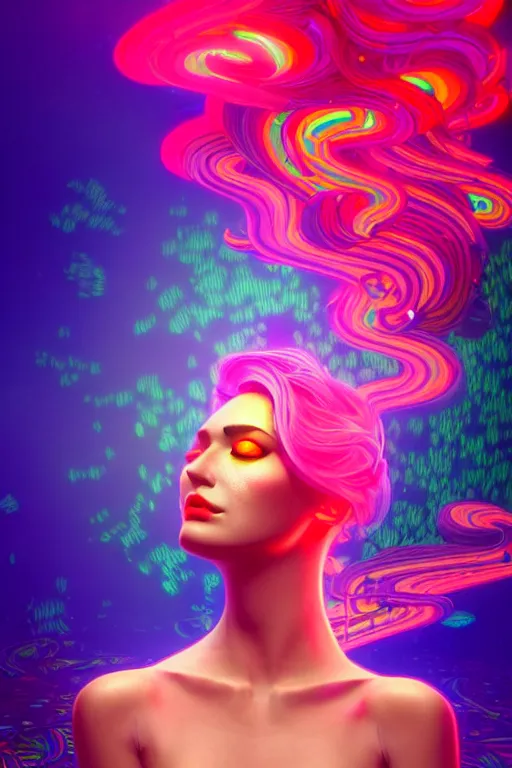 Image similar to a gorgeous woman surrounded by colorful liquid clouds and neon smoke, extremely detailed, super psychedelic experience, psilocybin, dmt, lsd, face, highly detailed, artstation, alphonse mucha, hana yata, and artem demura and beeple, octane render, unreal engine, 8 k