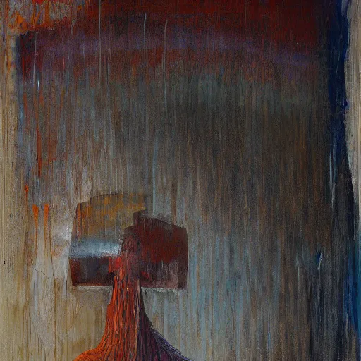 Prompt: a painting by shaun tan of an abstract textural sculpture by the caretaker