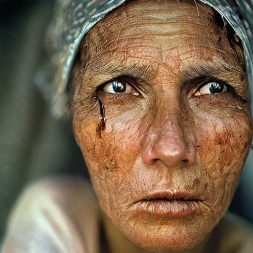Prompt: a famous female's portrait, natural look, skin texture, some wrinkles and blemishes, extremely detailed, by steve mccurry,