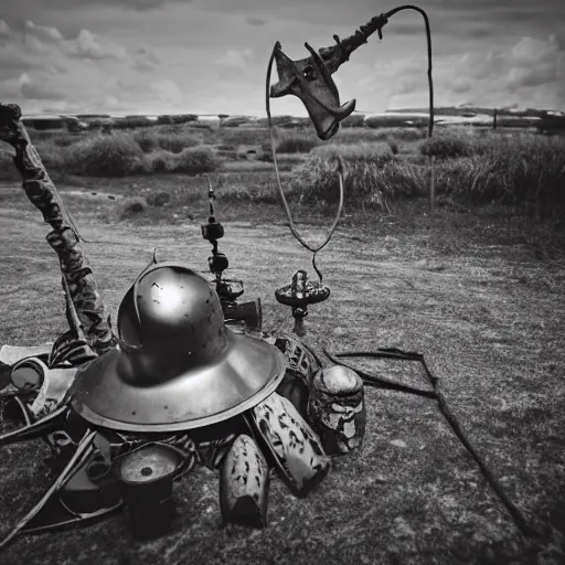 Image similar to wide angle photo of viking wearing space suit helmet and viking armor working on the antigravity gun ancient device, tools and junk on the ground,wires and lights, old village in the distance, vintage old photo, black and white, sepia