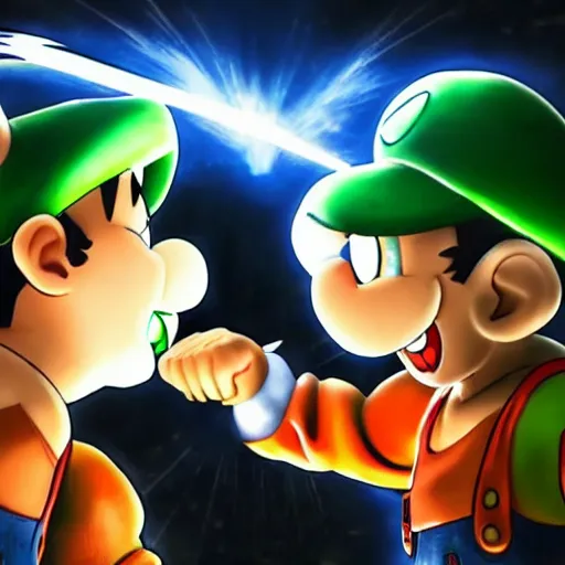 Image similar to luigi and son goku fighting, intense fight, epic lighting