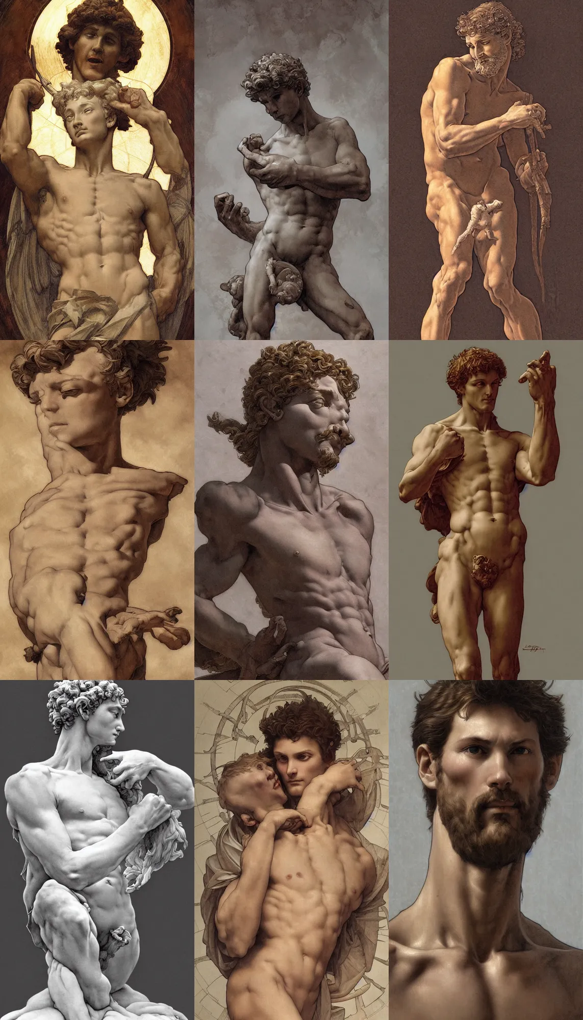 Image similar to Michelangelo\'s David, highly detailed, digital painting, artstation, concept art, smooth, sharp focus, illustration, ArtStation, art by artgerm and greg rutkowski and alphonse mucha and J. C. Leyendecker and Edmund Blair Leighton and Katsuhiro Otomo and Geof Darrow and Phil hale and Ashley wood and Ilya repin and Charlie Bowater