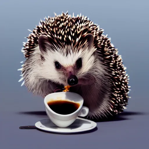 Image similar to hedgehog drinking coffee reading a paper, amazing, beautiful, perfect eyes, full body shot, portrait, vivid colors, elegant, concept art, sharp focus, digital art, Hyper-realistic, 4K, Unreal Engine, Highly Detailed, HD, Dramatic Lighting by Brom, trending on Artstation