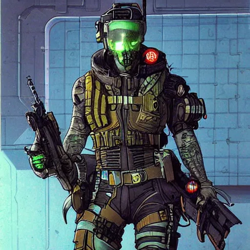 Image similar to ivan. Apex legends cyberpunk mercenary with exoskelital gear. Concept art by James Gurney and Mœbius.