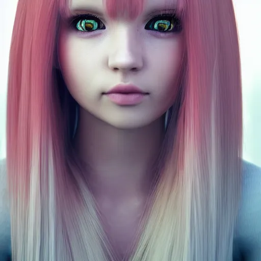 Image similar to A portrait of Nikki from Shining Nikki, a 3d cgi toon young woman with long pink hair, full bangs, amber eyes, pale skin, Chinese, medium shot, mid-shot, soft focus, 4k, trending on artstation