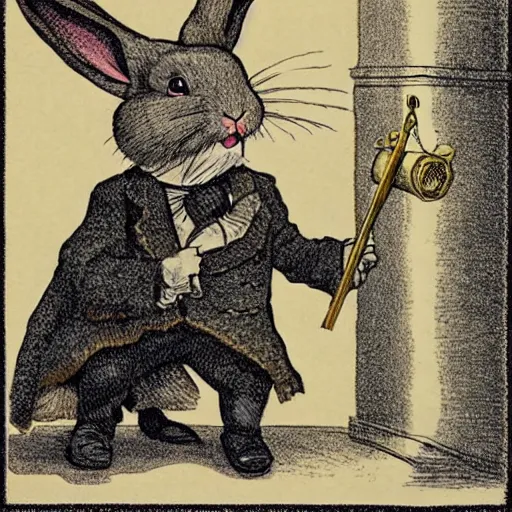 Prompt: a rabbit dressed up as sherlock holmes, book illustration