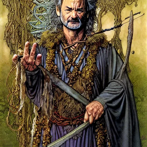Image similar to a realistic and atmospheric high fantasy closeup portrait of bill murray as a mystical druidic warrior wizard doing an arcane pagan ritual by rebecca guay, michael kaluta, charles vess and jean moebius giraud