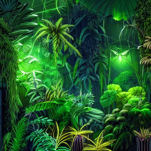 Image similar to « detailed, low luminosity jungle, far view, luminescent plants »
