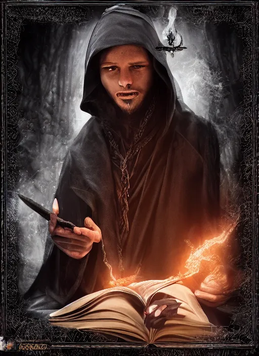 Prompt: black magic sorcerer with a book of spells, dramatic, death, cinematic, ultra realistic, 8 k, highly detailed, trending on artstation