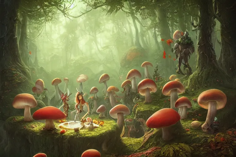 Prompt: detailed painting of elfs in the moosy forest clearing drinking mushroom nectar, in the style of peter mohrbacher, james jean, artgerm, dramatic lighting and composition, surreal background, octane render, pixar, trending on artstation, concept art, comic book, 8 k