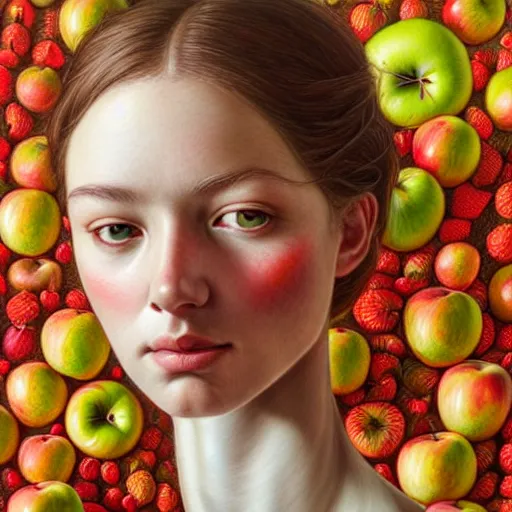 Image similar to portrait made of apples and fruit, fantasy, intricate, elegant, highly detailed, lifelike, photorealistic, digital painting, artstation, illustration, smooth, sharp focus, art by scott davidson, albert aublet, krenz cushart, artem demura, giuseppe arcimboldo